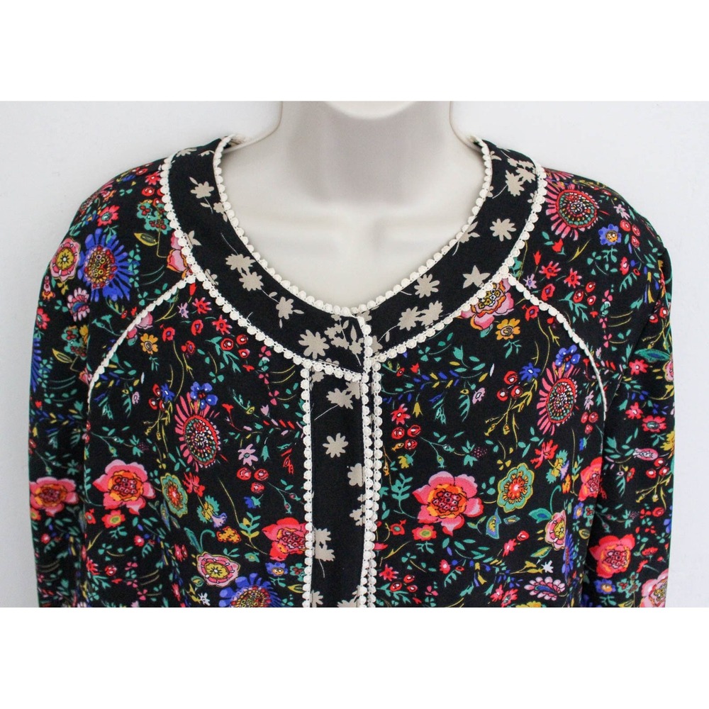 LOGO Lori Goldstein Jacket Large Black Floral Snap Buttons Long Sleeve Pockets - Picture 2 of 9